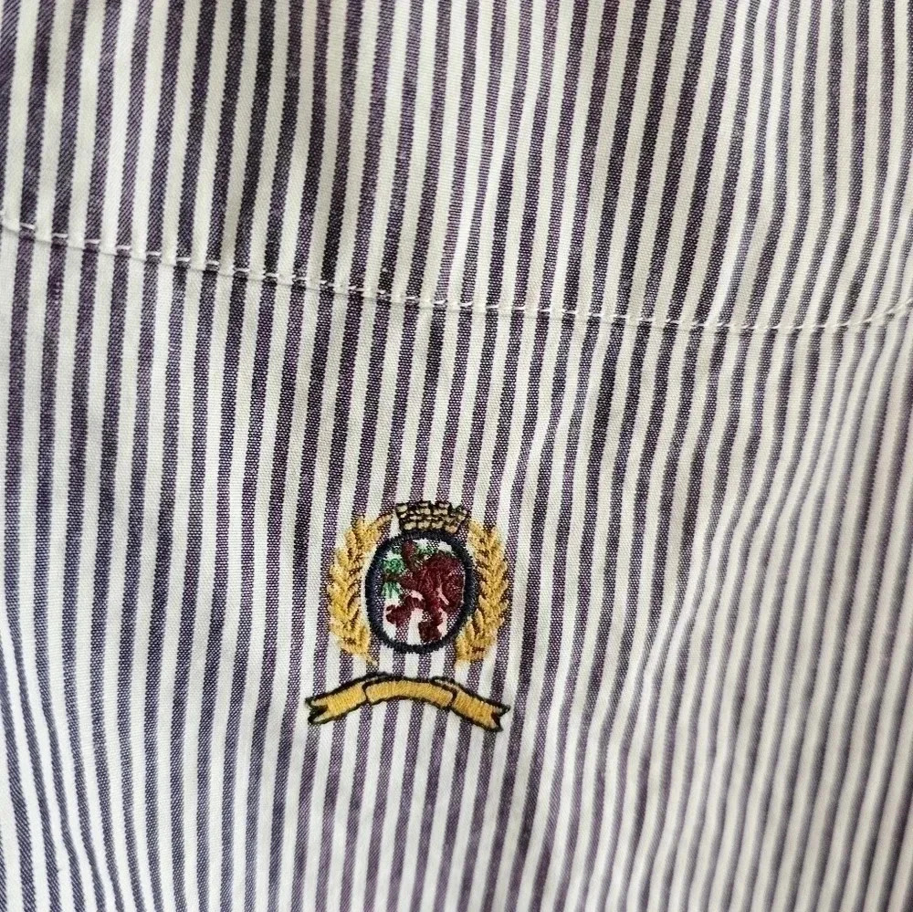 Tommy Hilfiger Large 16/34 Vintage 90s White Purple Pinstripe Crest Shirt Preppy - Picture 5 of 8
